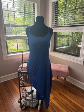 Blue Asymmetric Ruched Spaghetti Strap Dress